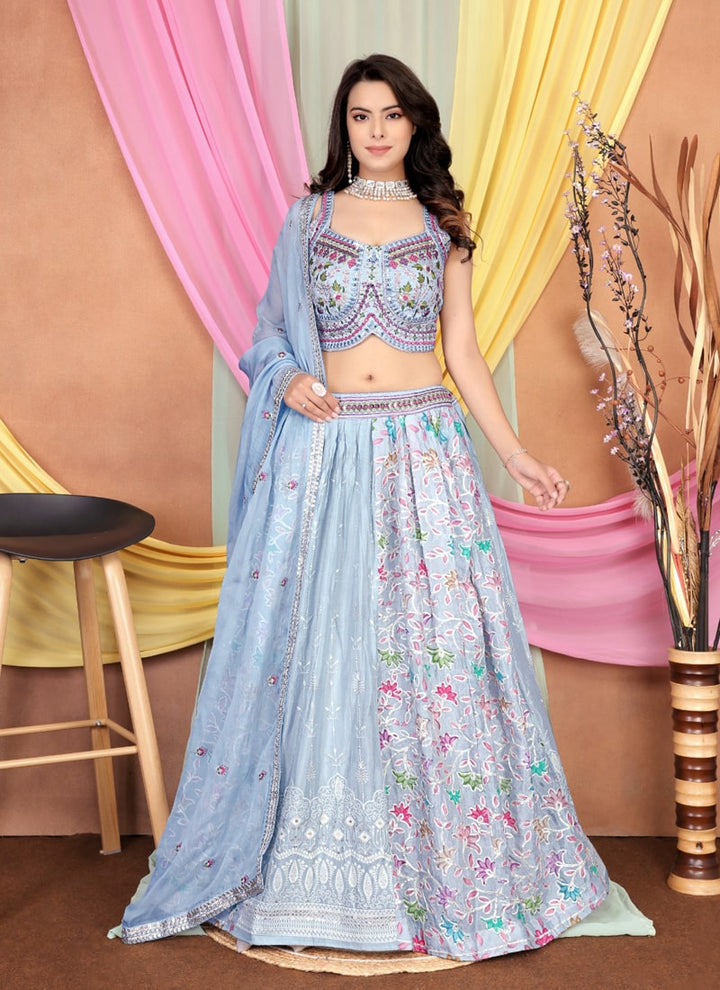 Lassya Fashion Lilac Blue Embroidered Chinnon Lehenga with Silk Blouse