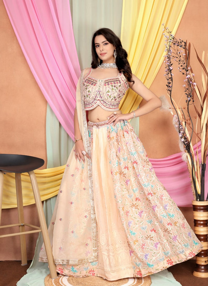 Lassya Fashion Peach Orange Embroidered Chinnon Lehenga with Silk Blouse