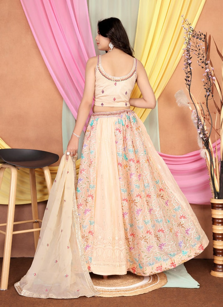 Lassya Fashion Peach Orange Embroidered Chinnon Lehenga with Silk Blouse