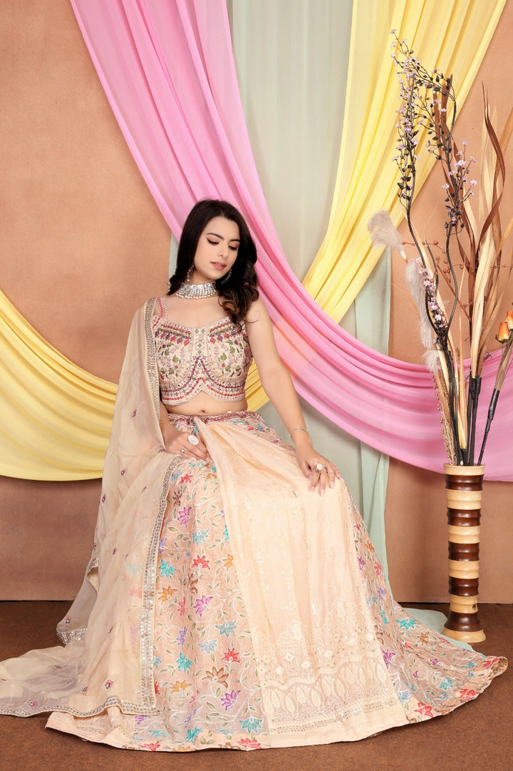 Lassya Fashion Peach Orange Embroidered Chinnon Lehenga with Silk Blouse