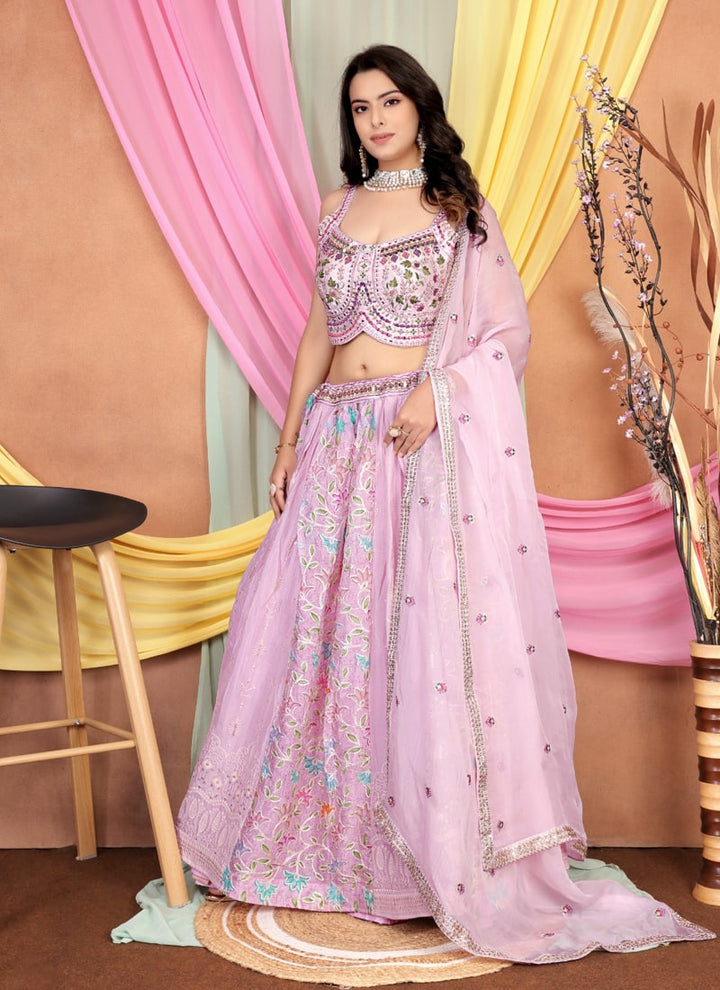 Lassya Fashion Pink Lavender Embroidered Chinnon Lehenga with Silk Blouse