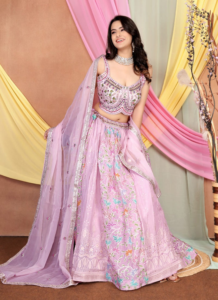 Lassya Fashion Pink Lavender Embroidered Chinnon Lehenga with Silk Blouse