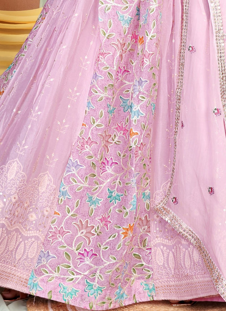 Lassya Fashion Pink Lavender Embroidered Chinnon Lehenga with Silk Blouse