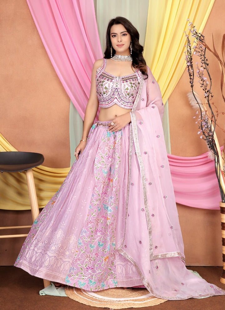 Lassya Fashion Pink Lavender Embroidered Chinnon Lehenga with Silk Blouse