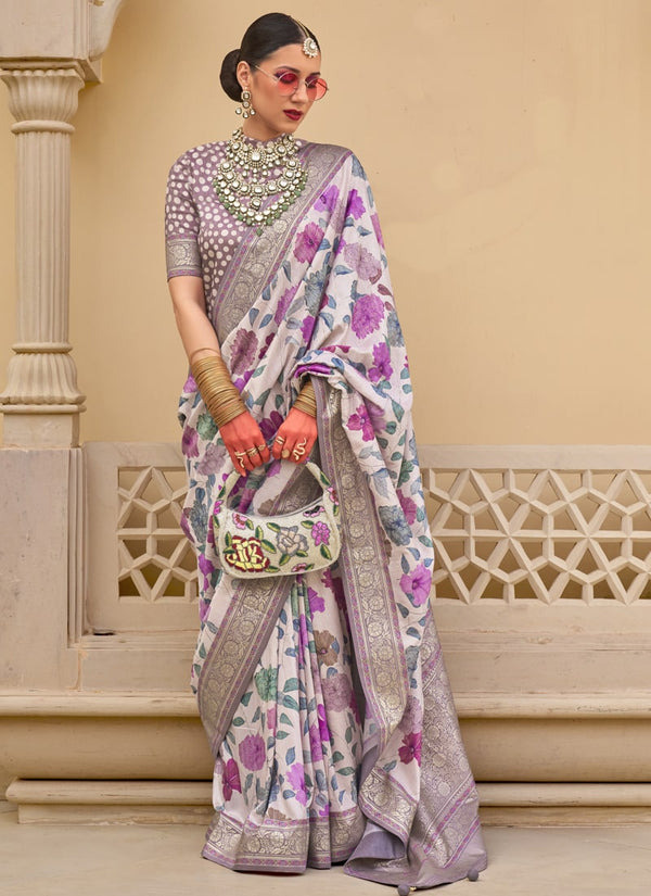 Lassya Fashion Lavender-1 Printed Super Silk Saree with Silk Blouse