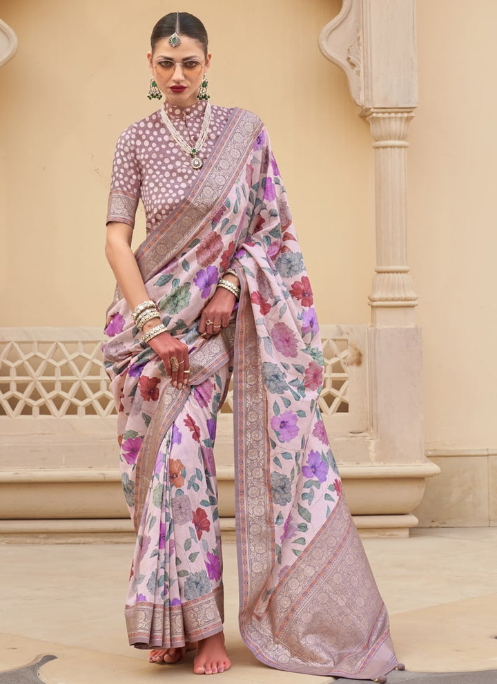 Lassya Fashion Off White Printed Super Silk Saree with Silk Blouse