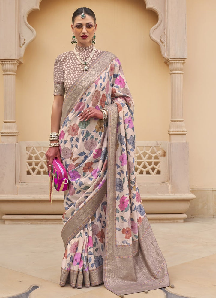 Lassya Fashion Off White Printed Super Silk Saree with Silk Blouse