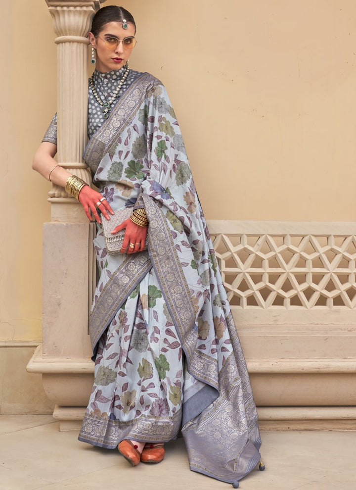 Lassya Fashion Grey-1 Printed Super Silk Saree with Silk Blouse