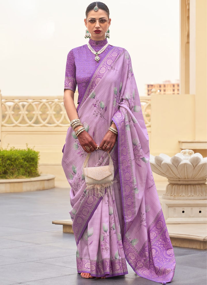 Lassya Fashion Violet Printed Super Silk Saree with Silk Blouse