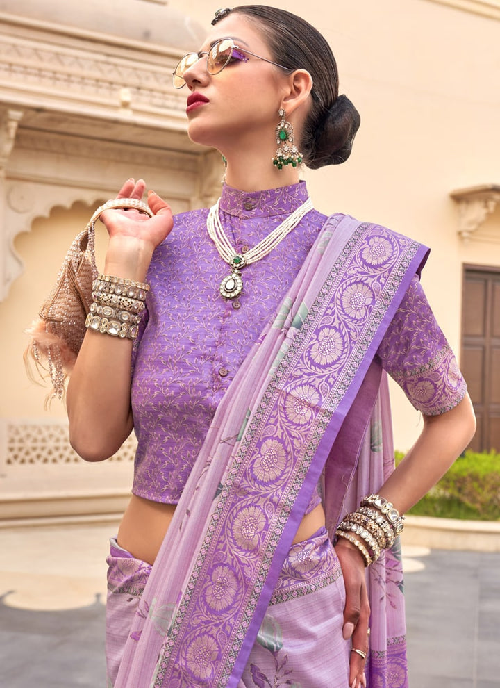 Lassya Fashion Violet Printed Super Silk Saree with Silk Blouse