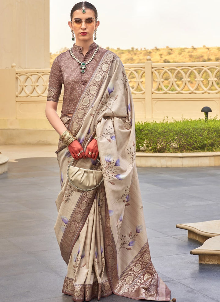 Lassya Fashion Brown Printed Super Silk Saree with Silk Blouse