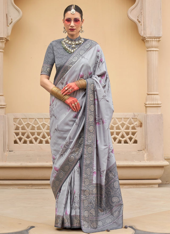 Lassya Fashion Grey-2 Printed Super Silk Saree with Silk Blouse