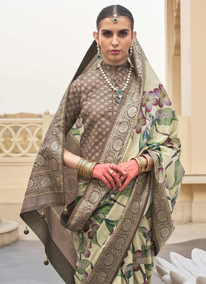 Lassya Fashion Beige Printed Super Silk Saree with Silk Blouse