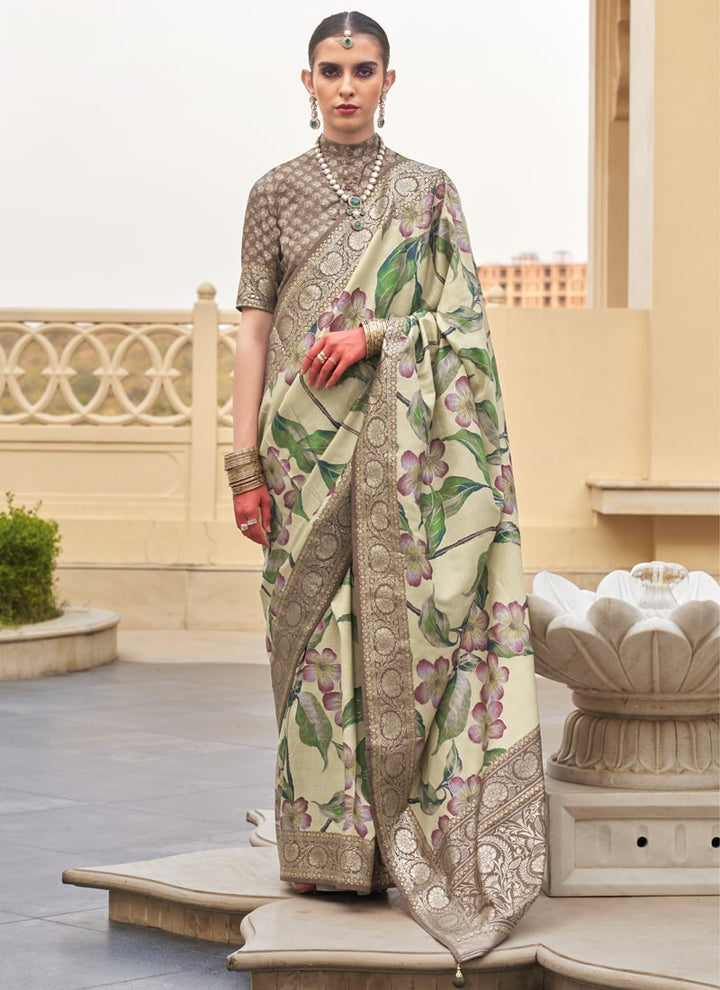 Lassya Fashion Beige Printed Super Silk Saree with Silk Blouse