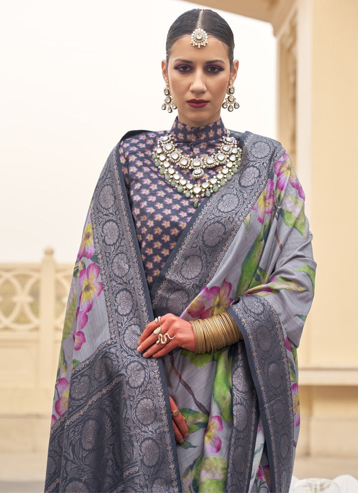 Lassya Fashion Royal Blue Printed Super Silk Saree with Silk Blouse