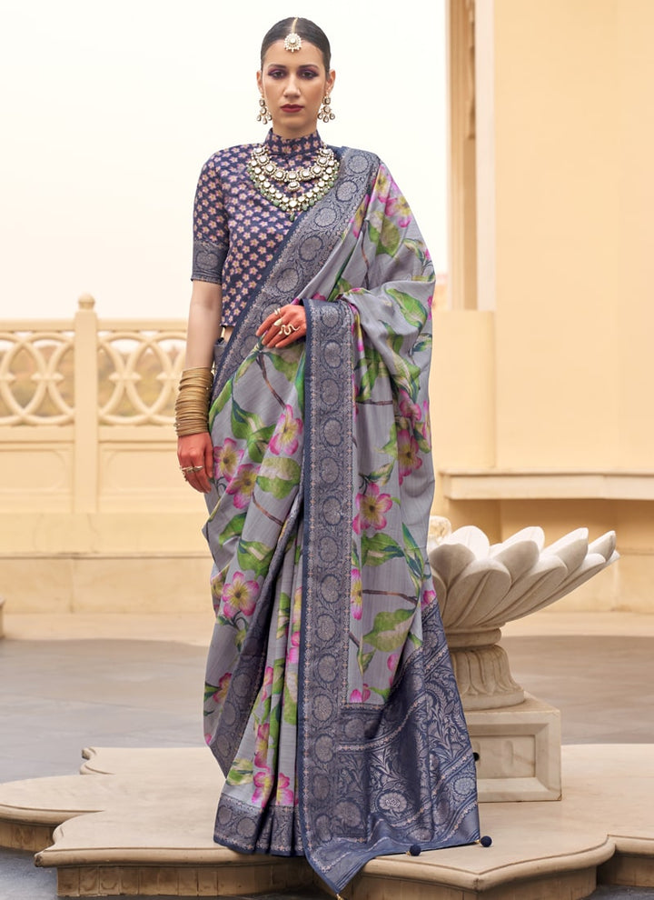 Lassya Fashion Royal Blue Printed Super Silk Saree with Silk Blouse