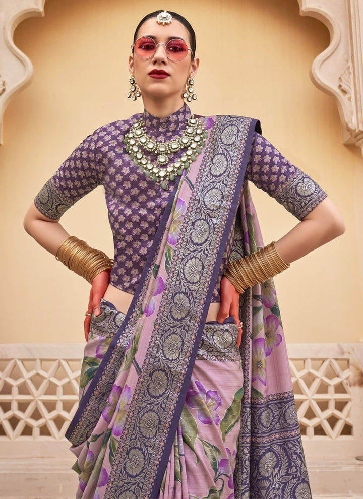 Lassya Fashion Purple Violet Printed Super Silk Saree with Silk Blouse