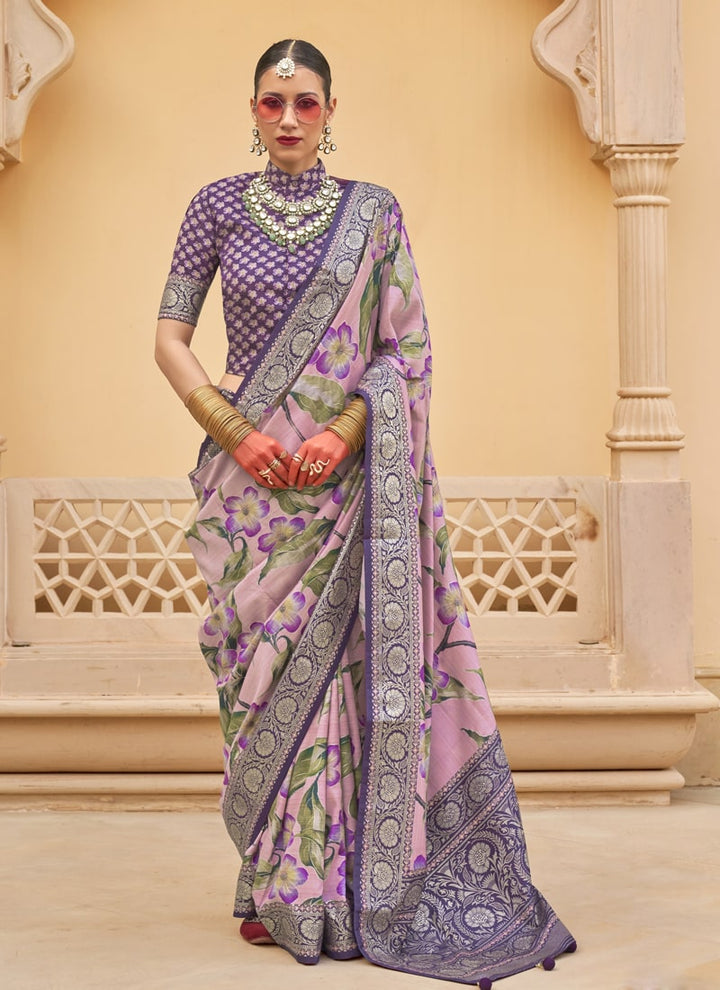 Lassya Fashion Purple Violet Printed Super Silk Saree with Silk Blouse