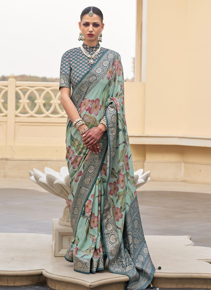 Lassya Fashion Rama Green Printed Super Silk Saree with Silk Blouse