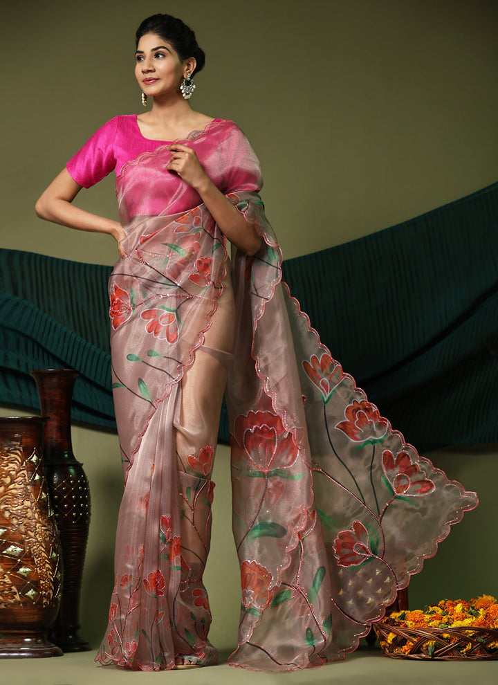 Lassya Fashion Pale Pink Party Wear Soft Organza Saree with Banglori Silk Blouse