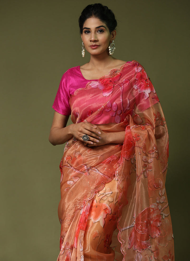 Lassya Fashion Peach Orange Party Wear Soft Organza Saree with Banglori Silk Blouse