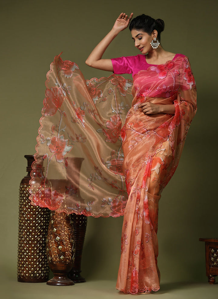 Lassya Fashion Peach Orange Party Wear Soft Organza Saree with Banglori Silk Blouse