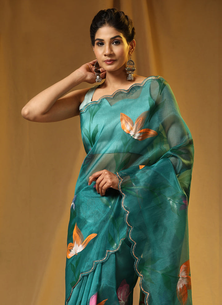 Lassya Fashion Pine Green Party Wear Soft Organza Saree with Banglori Silk Blouse