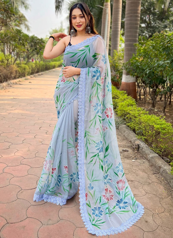 Lassya Fashion Lilac Blue Printed Designer Partywear Saree