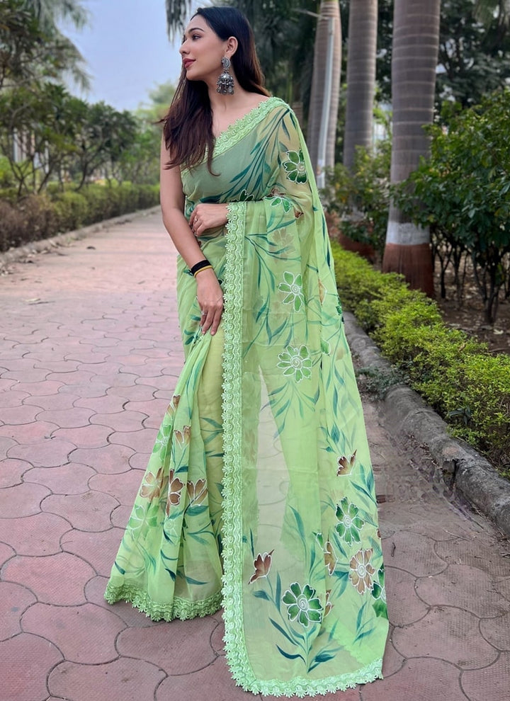 Lassya Fashion Pista Green Printed Designer Partywear Saree