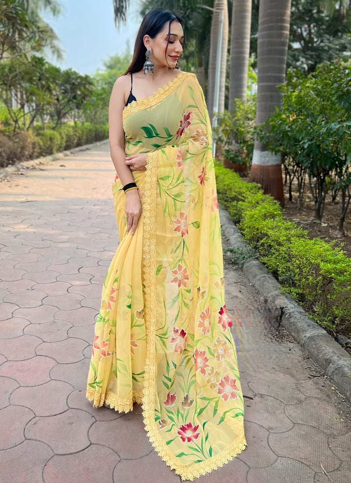 Lassya Fashion Yellow Printed Designer Partywear Saree