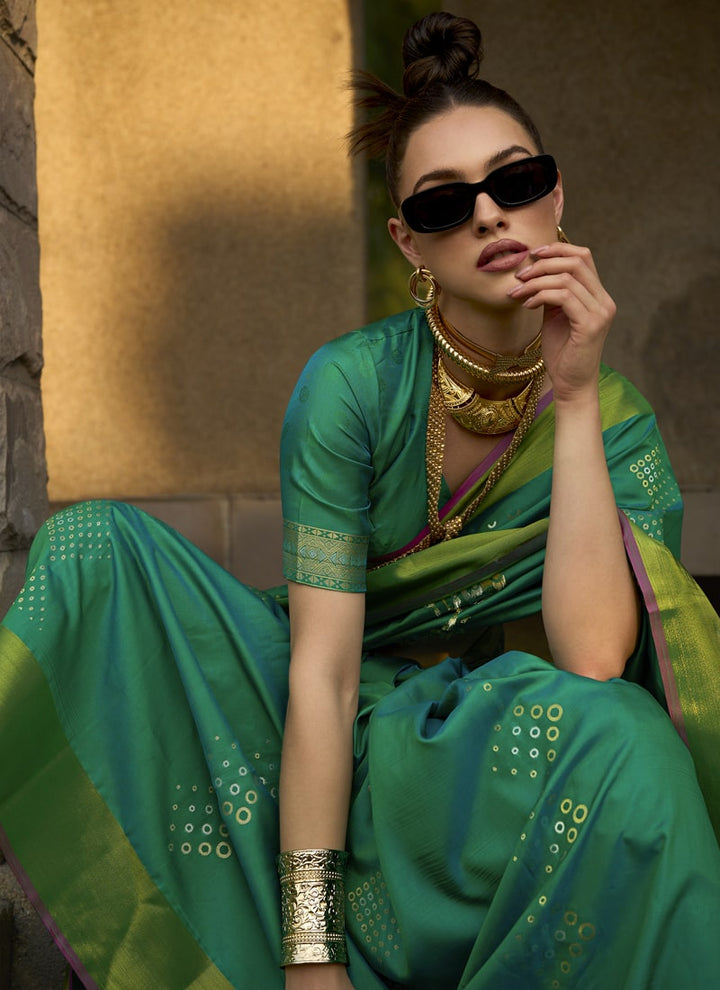 Lassya Fashion Pine Green Handloom Silk Saree with Matching Blouse