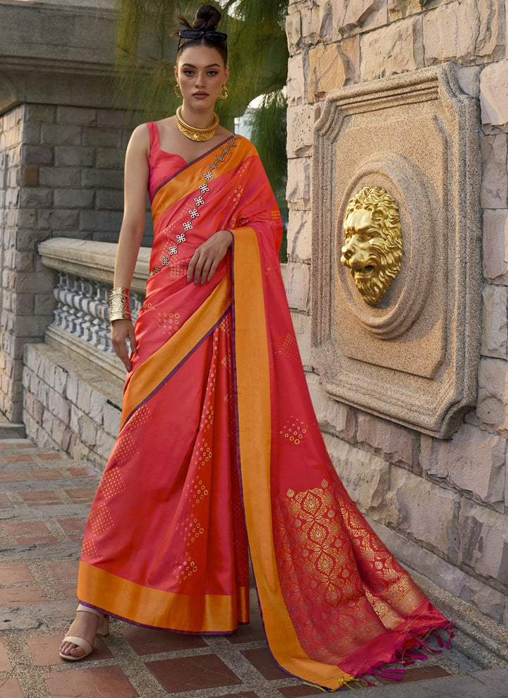 Lassya Fashion Candy Apple Red Handloom Silk Saree with Matching Blouse