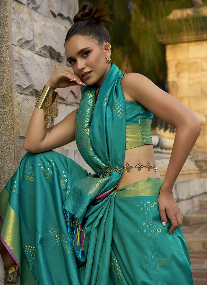 Lassya Fashion Teal Green Handloom Silk Saree with Matching Blouse