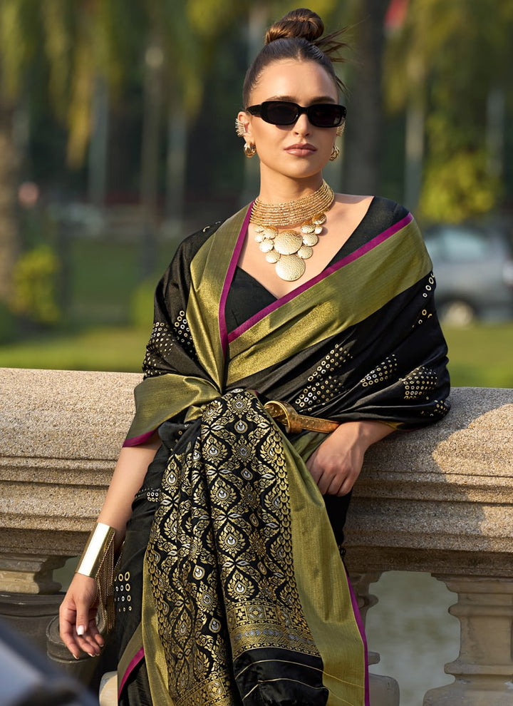 Lassya Fashion Dark Black Handloom Silk Saree with Matching Blouse