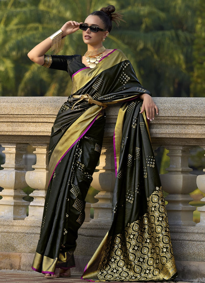 Lassya Fashion Dark Black Handloom Silk Saree with Matching Blouse