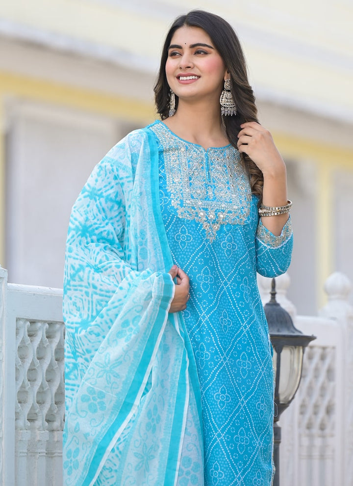 Lassya Fashion Sky BLue Straight Salwar Suit Collection with Bandhani and Embroidery