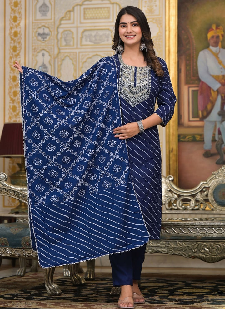 Lassya Fashion Navy Blue Straight Salwar Suit Collection with Bandhani and Embroidery