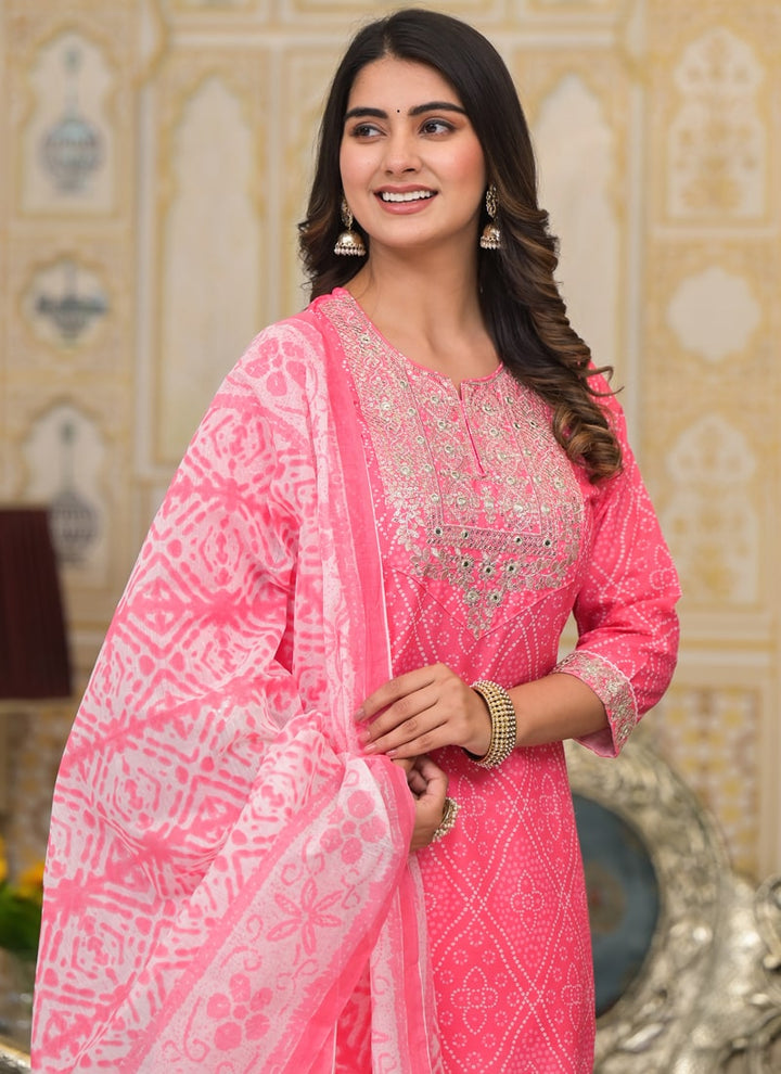 Lassya Fashion Rose Pink Straight Salwar Suit Collection with Bandhani and Embroidery