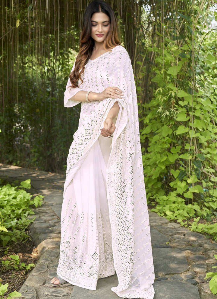 Lassya Fashion White Embroidered Georgette Partywear Saree with Matching Blouse