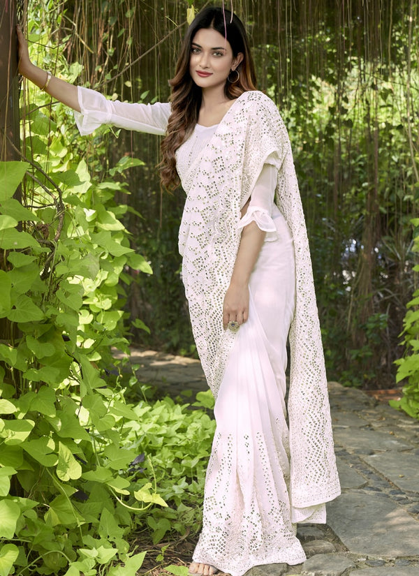 Lassya Fashion White Embroidered Georgette Partywear Saree with Matching Blouse