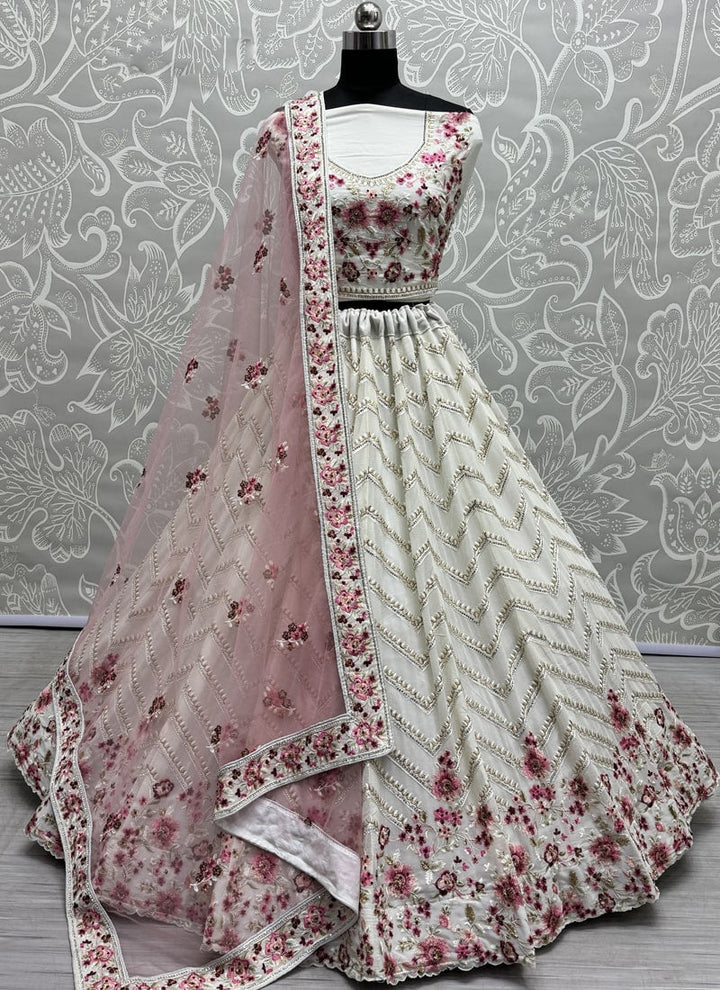 Lassya Fashion Off white Embroidered Georgette Wedding Lehenga with Soft Net Dupatta