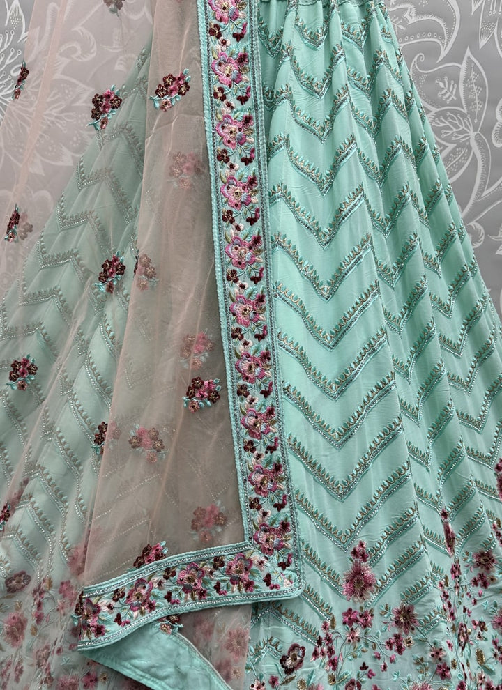 Lassya Fashion Sea Green Embroidered Georgette Wedding Lehenga with Soft Net Dupatta