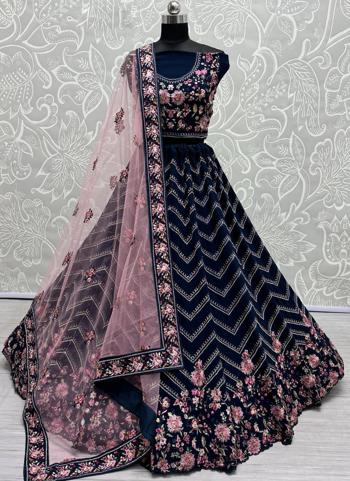 Lassya Fashion Navy Blue Embroidered Georgette Wedding Lehenga with Soft Net Dupatta