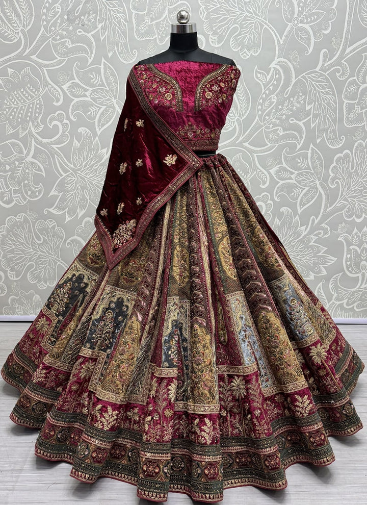 Lassya Fashion Marron-1 Velvet Wedding Lehenga with Soft Net and Velvet Dupatta