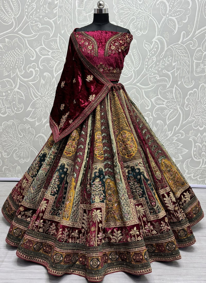 Lassya Fashion Maroon-2 Velvet Wedding Lehenga with Soft Net and Velvet Dupatta