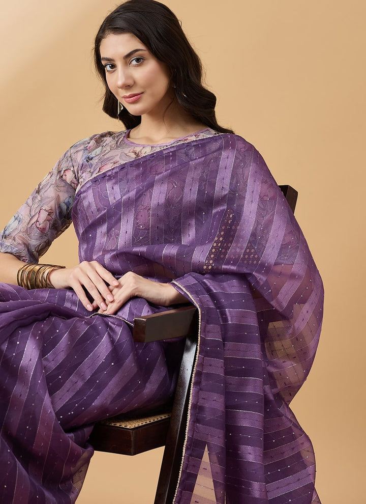 Lassya Fashion Purple Striped Festive Wear Saree with Sequence Work