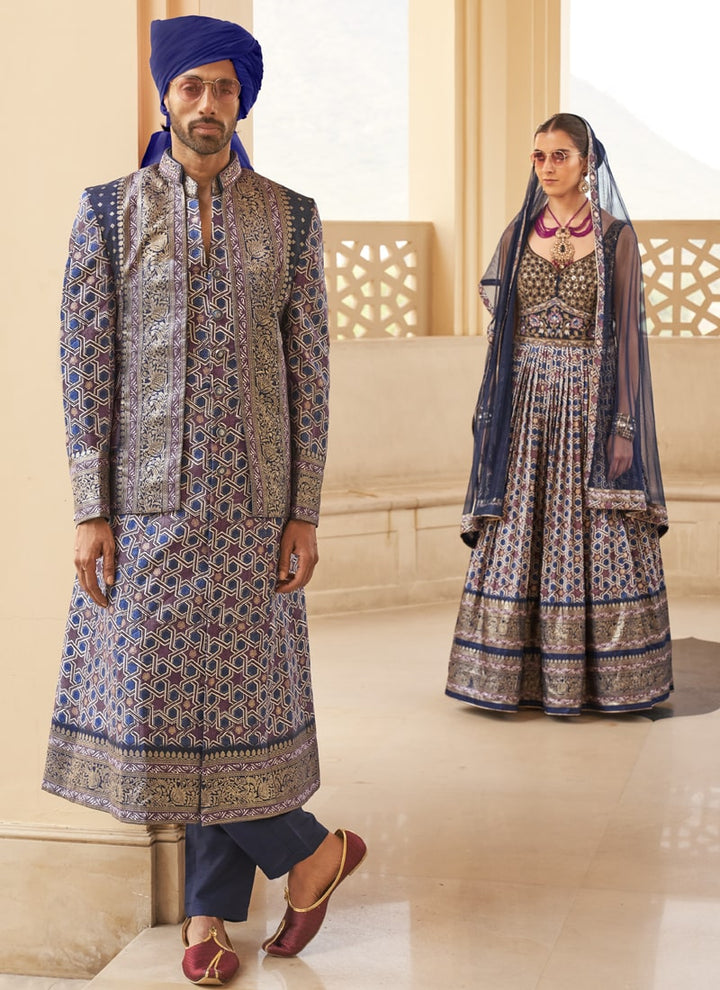 Lassya Fashion Navy Blue Couple Bridal and Groom Lehenga and Kurta Set with Foil Print