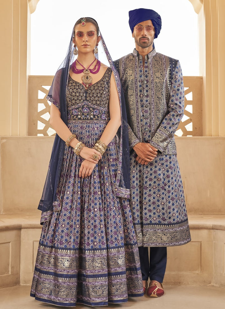 Lassya Fashion Navy Blue Couple Bridal and Groom Lehenga and Kurta Set with Foil Print