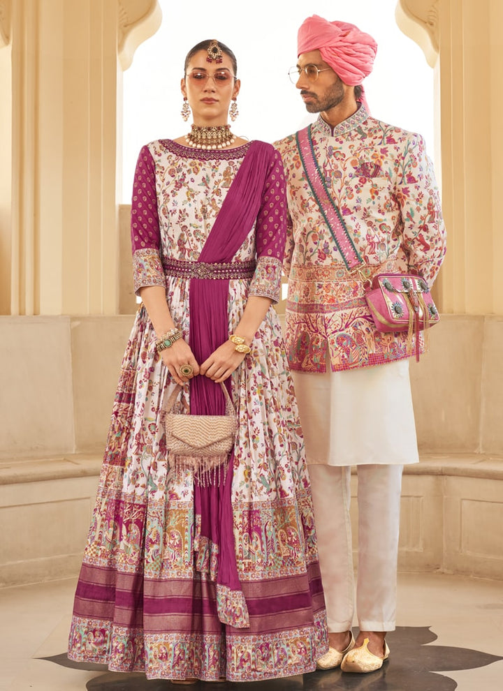 Lassya Fashion Magenta Pink Couple Bridal and Groom Lehenga and Kurta Set with Foil Print