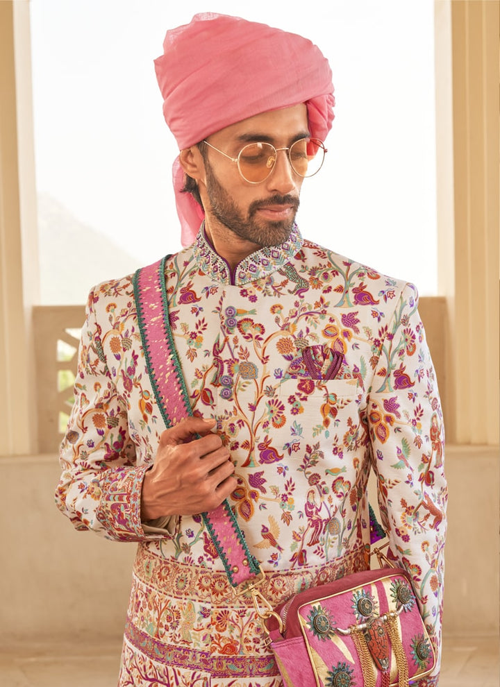 Lassya Fashion Magenta Pink Couple Bridal and Groom Lehenga and Kurta Set with Foil Print